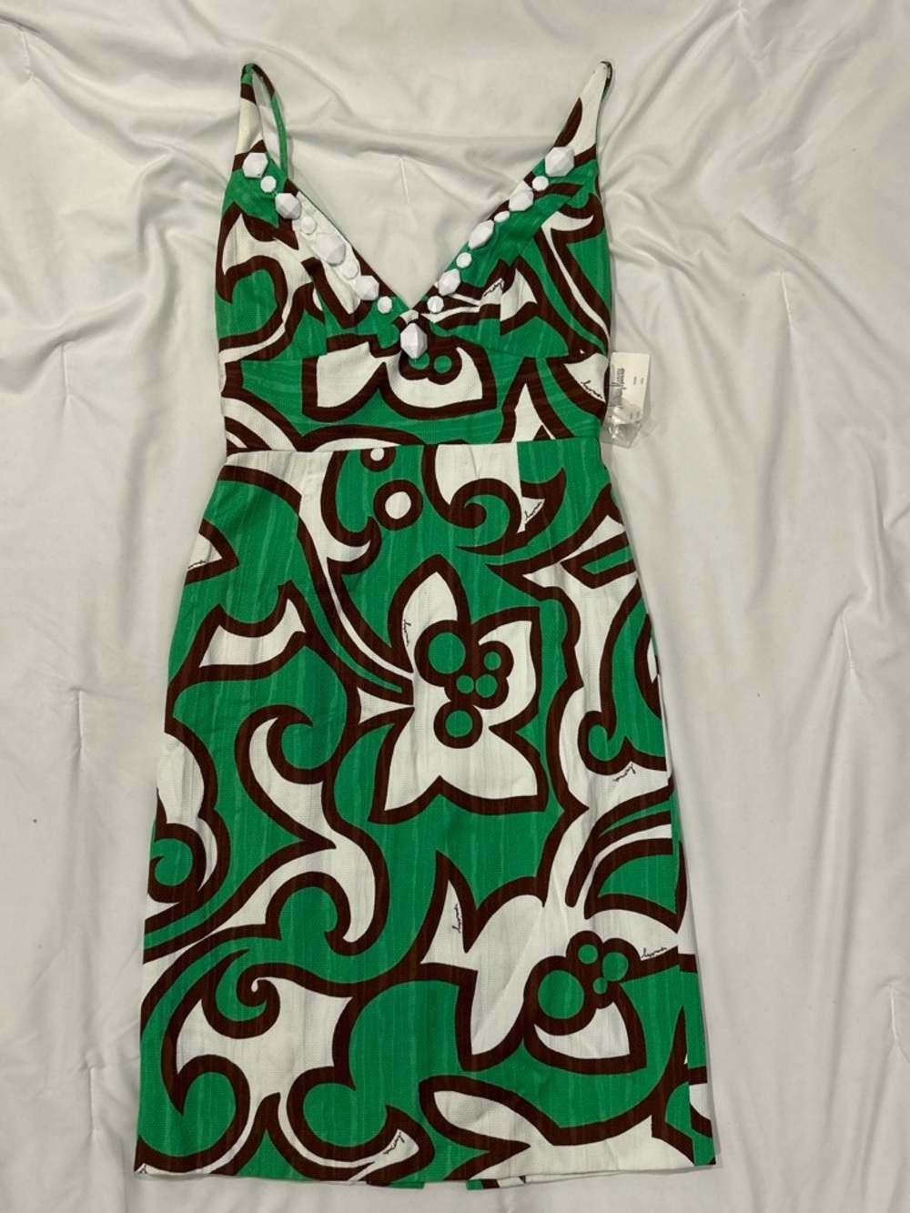 Milly Green White and Brown Floral V-Neck Mini Dress
